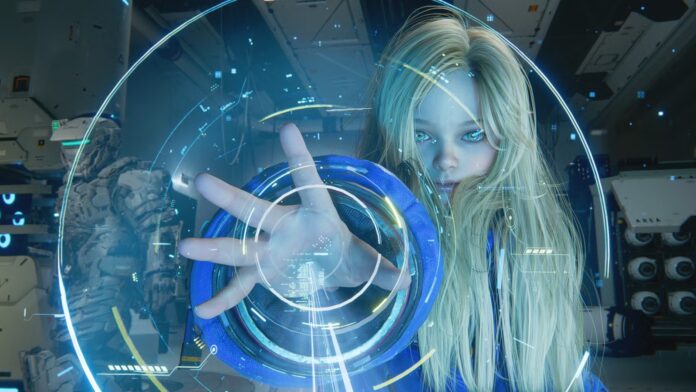 ตัวละคร Diana ในเกม Pragmata กำลังเอื้อมมือแตะอินเทอร์เฟซดิจิทัล ขณะยืนอยู่ในสภาพแวดล้อมไซไฟ