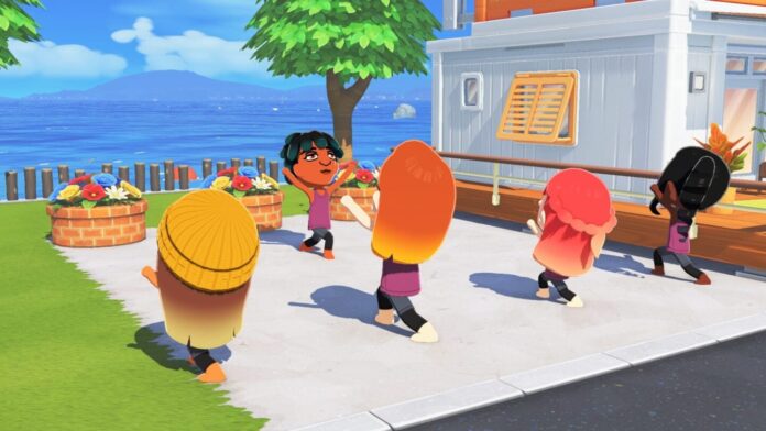 ตัวละครสไตล์การ์ตูนในเกม Tomodachi Life กำลังเดินเล่นบนเกาะริมทะเล