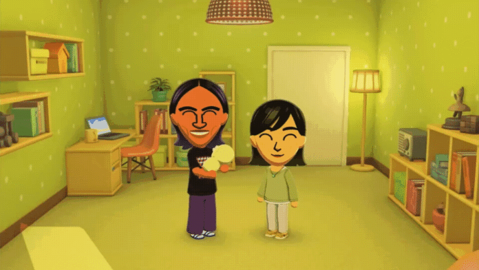 ภาพจากเกม Tomodachi Life ตัวละครกำลังยิ้มและยืนเคียงข้างกันสองคน ในห้องนั่งเล่นสีเขียว