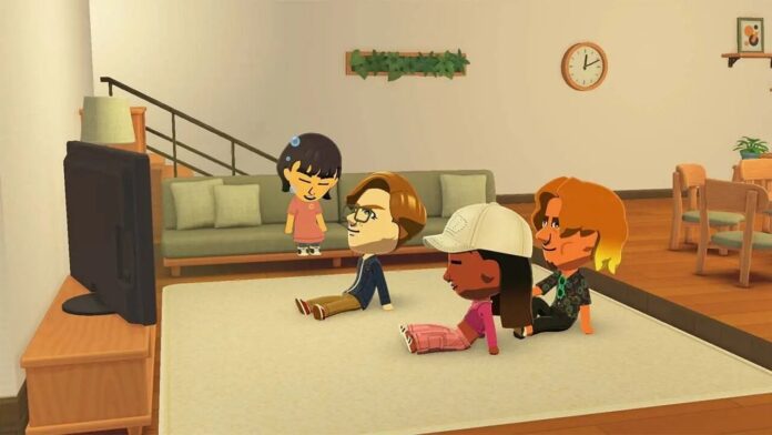 ภาพตัวละครจากเกม Tomodachi Life กำลังนั่งดูโทรทัศน์ภายในห้องนั่งเล่น