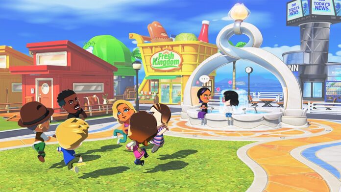 ตัวละครจาก Tomodachi Life: Living the Dream กำลังเดินอยู่ภายในเมืองของเกม บริเวณลานกลางแจ้ง