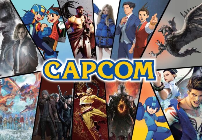ภาพรวมตัวละครเกมจาก Capcom พร้อมโลโก้ CAPCOM อยู่กึ่งกลางภาพ