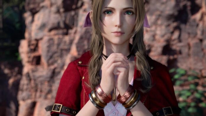 Aerith ยืนกุมมือในฉากจาก Final Fantasy VII Rebirth