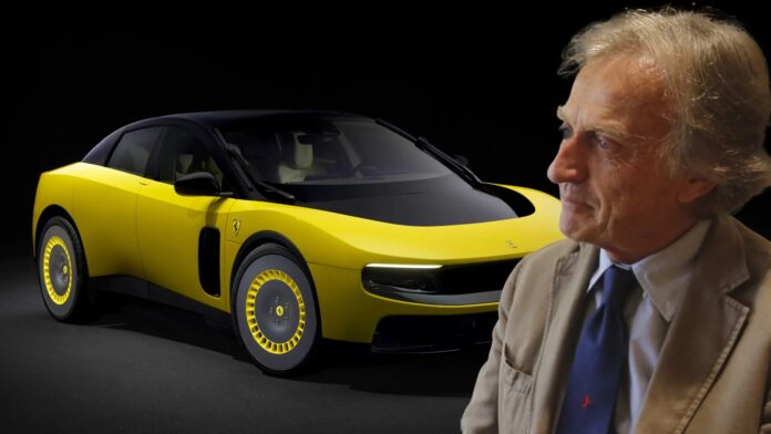 รถ Ferrari Luce สีเหลืองพร้อมภาพอดีต CEO Ferrari อยู่ด้านหน้า
