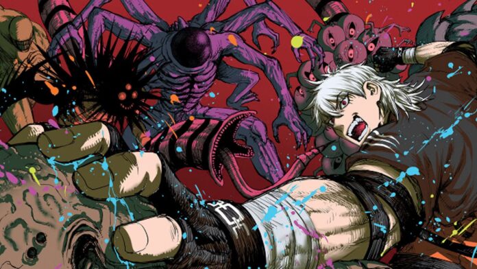 ภาพตัวละครเอกจากมังงะ Alien Headbutt กำลังต่อสู้กับสิ่งมีชีวิตต่างดาวขนาดใหญ่