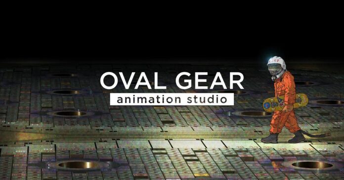 โลโก้ OVAL GEAR Animation Studio พร้อมภาพตัวละครสวมชุดอวกาศ