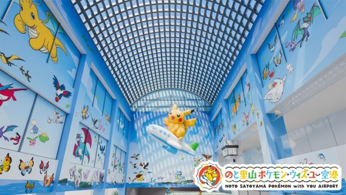 โถงทางเดินในสนามบิน Noto ตกแต่งธีม Pokémon ผนังสีฟ้าพร้อมลวดลายตัวละคร