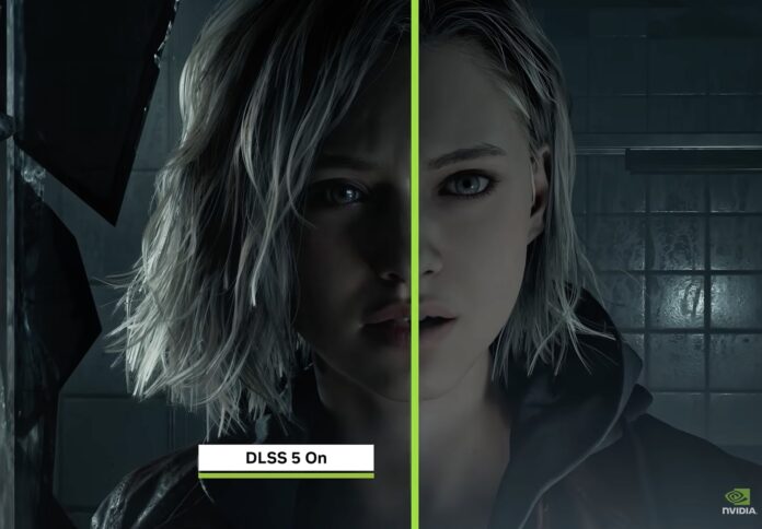 Grace Ashcroft ยืนในฉากมืด แบ่งครึ่งภาพเปรียบเทียบคุณภาพ DLSS 5 ด้วยเส้นสีเขียว