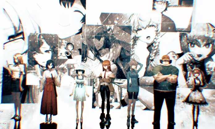 ตัวละครจาก Steins;Gate Re:Boot ยืนอยู่หน้าภาพคอลเลจของตัวละครภายในเกม