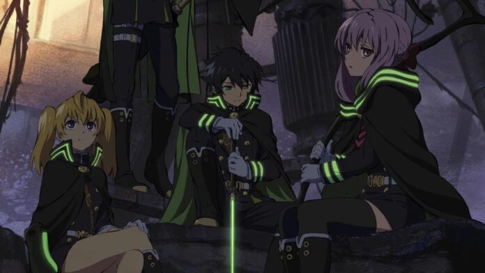 ภาพตัวละครหลักจาก Seraph of the End นั่งอยู่ท่ามกลางฉากเมืองพังทลายในบรรยากาศมืดหม่น