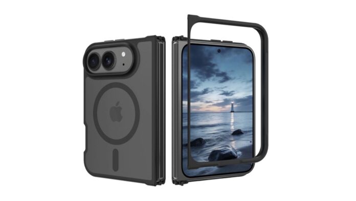 เคสสำหรับ iPhone จอพับของ Apple สีเทาเข้ม แสดงตัวเครื่องในสภาพพับปิดและกางออก