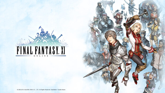 ภาพโปรโมต Final Fantasy XI แสดงตัวละครหลักยืนอยู่ด้านหน้า พร้อมฉากตัวละครอื่น ๆ อยู่ด้านหลังบนพื้นหลังสีขาว