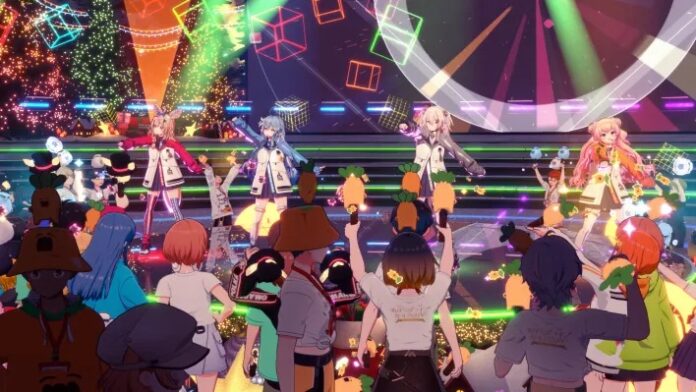 ผู้ชมจำนวนมากยืนดูคอนเสิร์ตบนเวทีในโลกเสมือน Holoearth พร้อมตัวละคร VTuber