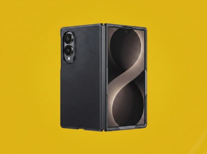 ภาพเรนเดอร์ Galaxy Z Fold 8 Wide พร้อมเคสป้องกันตัวเครื่อง บนพื้นหลังสีเหลือง