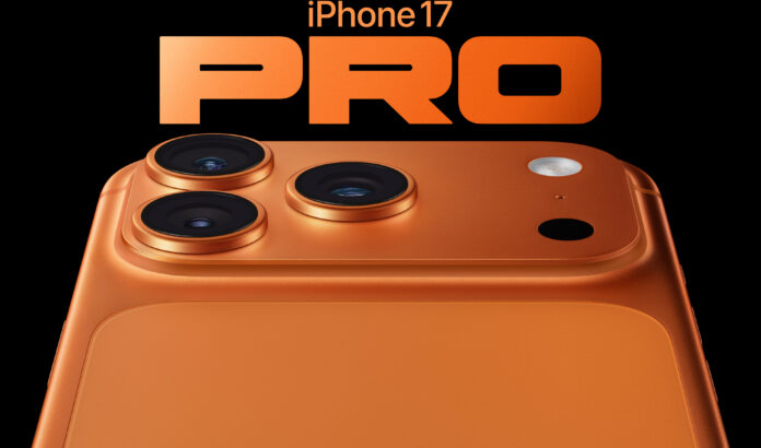 iPhone 17 Pro สีส้มคอสมิกพร้อมโมดูลกล้องหลังขนาดใหญ่บนพื้นหลังสีดำ