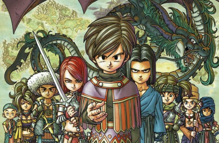 ภาพตัวละครหลักจากเกม Dragon Quest พร้อมปาร์ตี้เพื่อนร่วมทีมยืนเรียงกัน