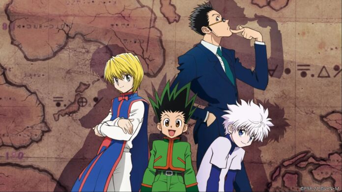 Gon, Killua, Kurapika และ Leorio จาก Hunter x Hunter ยืนอยู่หน้าฉากแผนที่โลก