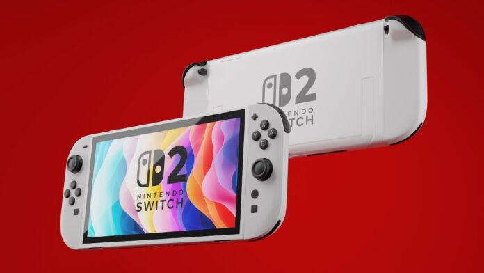 Nintendo Switch 2 สีขาว พร้อมภาพเรนเดอร์ตัวเครื่องและจอยคอน บนพื้นหลังสีแดง