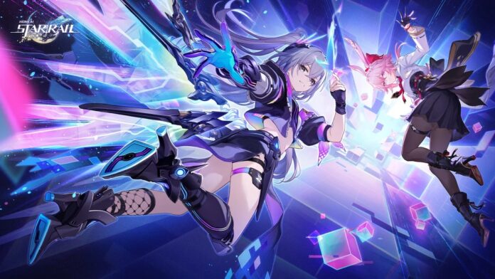ตัวละครจาก Honkai: Star Rail ในฉากแอ็กชันท่ามกลางเอฟเฟกต์แสงสีม่วงและน้ำเงิน