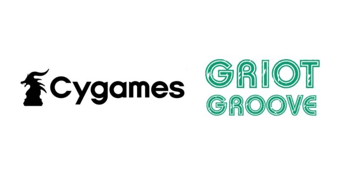 โลโก้ Cygames อยู่ด้านซ้าย และโลโก้ Griot Groove อยู่ด้านขวาบนพื้นหลังสีขาว