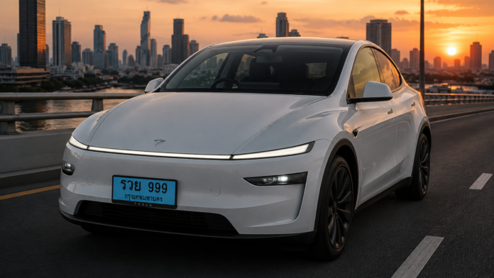 Tesla Model Y Juniper สีขาว พร้อมป้ายทะเบียน EV พื้นสีฟ้า บนสะพานกลางกรุงเทพฯ