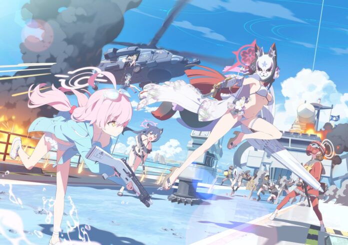 ตัวละครจากเกม Blue Archive กำลังต่อสู้บนดาดฟ้าเรือท่ามกลางท้องฟ้าสีคราม