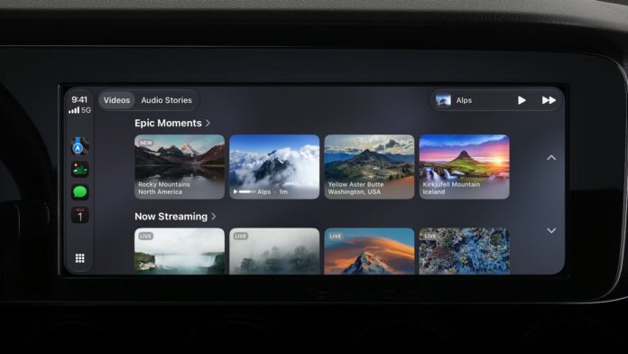 หน้าจอ CarPlay บน iOS 27 แสดงแอปวิดีโอและคอนเทนต์ผ่าน AirPlay