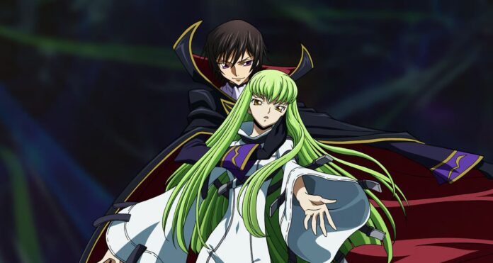 Lelouch และ C.C. จาก Code Geass ยืนเคียงกันบนพื้นหลังโทนมืด