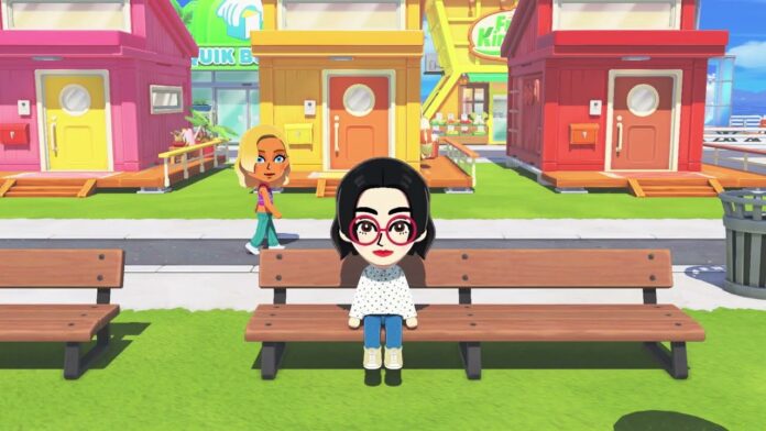 ภาพตัวละครผู้เล่นในเกม Tomodachi Life: Living the Dream กำลังนั่งบนม้านั่งภายในเมืองของเกม