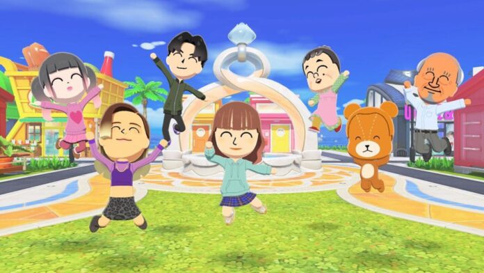 ภาพตัวละครจากเกม Tomodachi Life หลายตัว กำลังโพสท่าดีใจอยู่บริเวณลานกลางเมือง