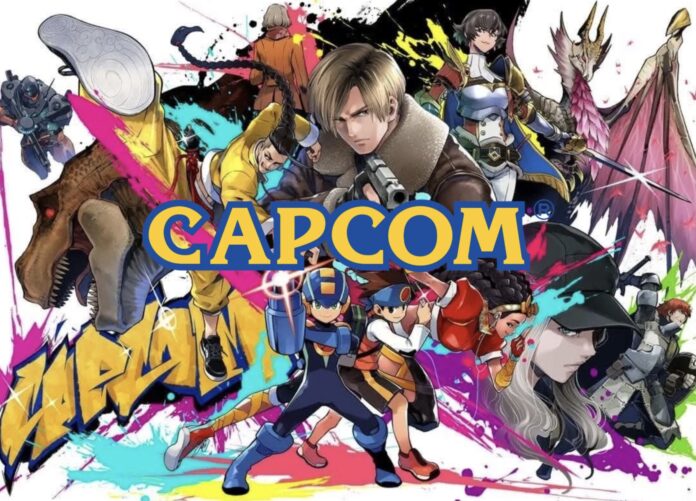 ตัวละครจากเกมแฟรนไชส์ต่าง ๆ ของ Capcom รวมอยู่ในภาพ พร้อมโลโก้ CAPCOM