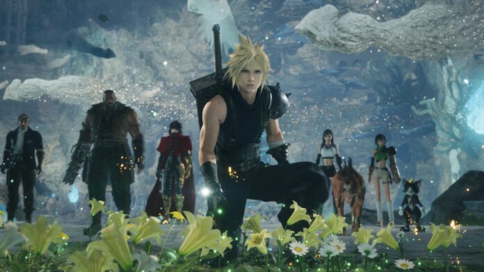 Cloud Strife และตัวละครหลักจาก Final Fantasy VII Revelation ยืนอยู่ภายในถ้ำ