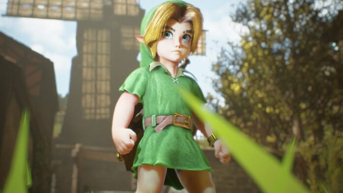 Link ยืนอยู่กลางฉากกลางแจ้ง มีต้นไม้เป็นฉากหลัง