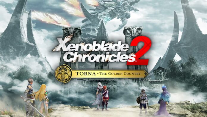 Xenoblade Chronicles 2: Torna ~ The Golden Country พร้อมตัวละครหลักยืนอยู่เบื้องหน้าฉากหลังโลกแฟนตาซี
