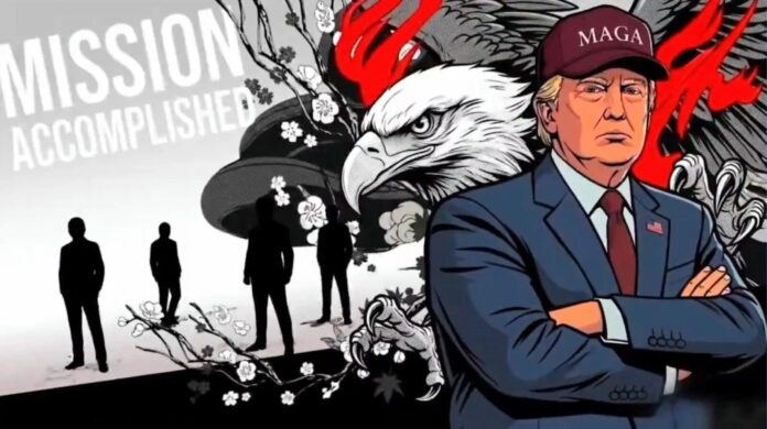 ภาพกราฟิก Donald Trump สวมหมวก MAGA ยืนอยู่ด้านหน้า พร้อมองค์ประกอบภาพสไตล์ Persona 5