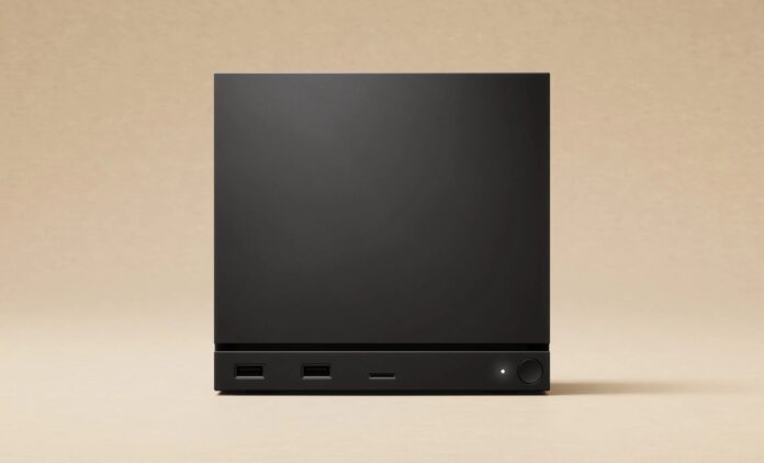 ภาพเครื่อง Steam Machine สีดำวางบนพื้นหลังสีครีม