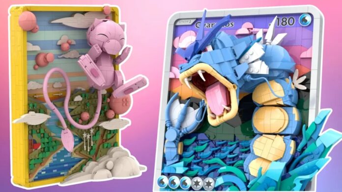 ผลงาน LEGO Ideas Pokémon TCG ที่จำลองการ์ด Mew และ Gyarados ในรูปแบบโมเดล LEGO