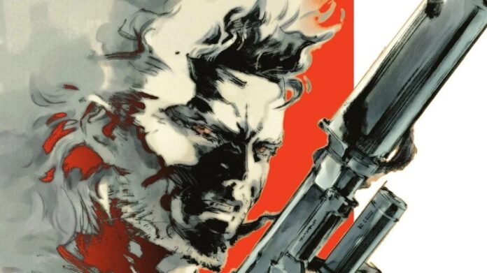 ภาพกราฟิกใบหน้าของ Solid Snake จาก Metal Gear Solid 2 พร้อมอาวุธปืนบนพื้นหลังสีขาวและสีแดง