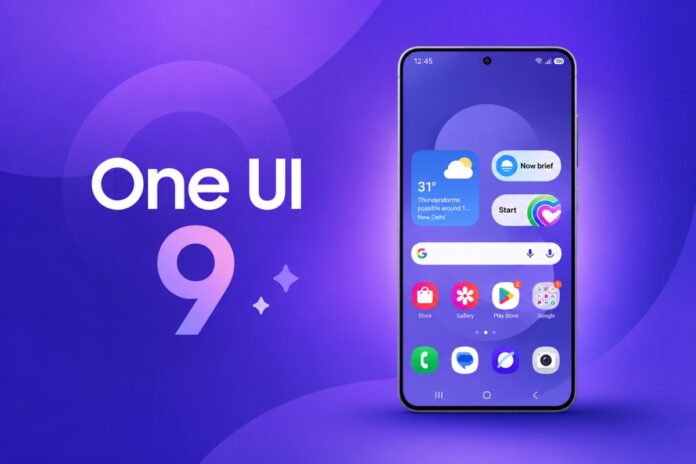 โลโก้ One UI 9 บนพื้นหลังสีม่วง พร้อมภาพสมาร์ตโฟน Samsung Galaxy ที่แสดงหน้าจออินเทอร์เฟซ