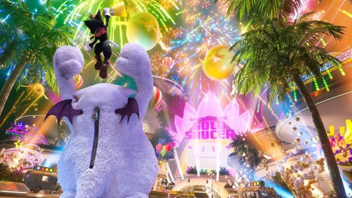 Cait Sith ท่ามกลางแสงสีของ Gold Saucer ใน Final Fantasy VII Rebirth