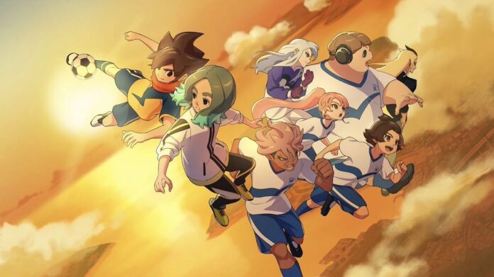 ภาพตัวละครจากเกม Inazuma Eleven หลายคนกำลังลอยตัวกลางท้องฟ้ายามพระอาทิตย์ตก