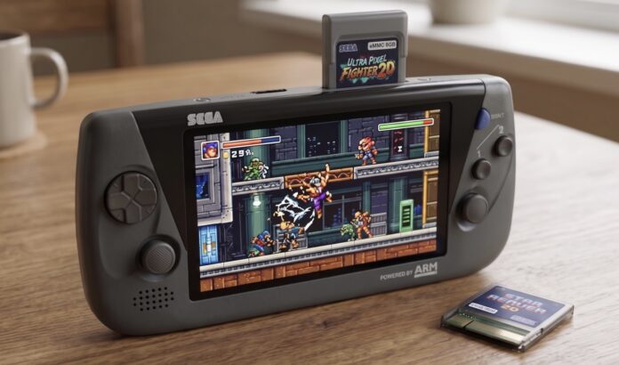 ภาพเรนเดอร์จำลองเครื่องเกมพกพาของ SEGA พร้อมหน้าจอแสดงเกม 2D และตลับเกมแบบถอดเปลี่ยนได้