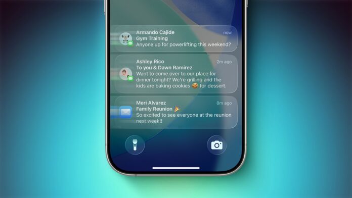 iPhone แสดงตัวอย่างการแจ้งเตือนบนหน้าจอล็อกสกรีน พร้อมแนวคิดการจัดวางการแจ้งเตือนรูปแบบใหม่ใน iOS 27
