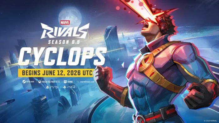Cyclops จาก Marvel Rivals Season 8.5 ปล่อยลำแสงจากดวงตาเหนือมหานครแห่งอนาคต