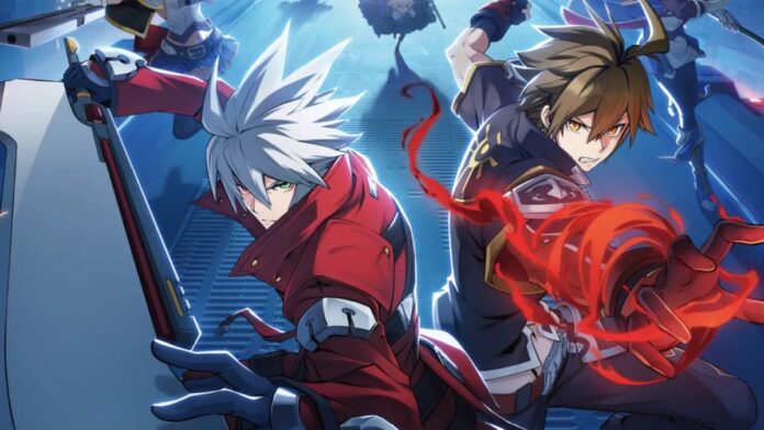 ภาพจากเกม BlazBlue Entropy Effect X ตัวละครสองคนพร้อมสู้ในฉากแอ็กชัน