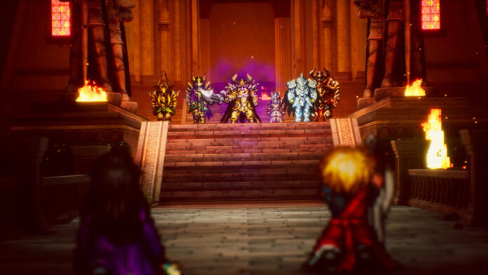 ตัวละครจาก Final Fantasy Resonance เผชิญหน้าศัตรูบนบันไดภายในวิหาร