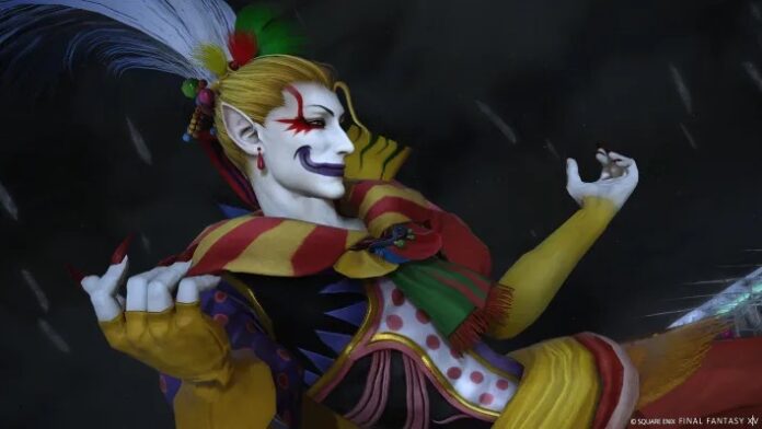 Kefka ในชุดตัวตลกสีเหลือง-แดง ยิ้มกว้างพร้อมกางแขนในฉากมืด