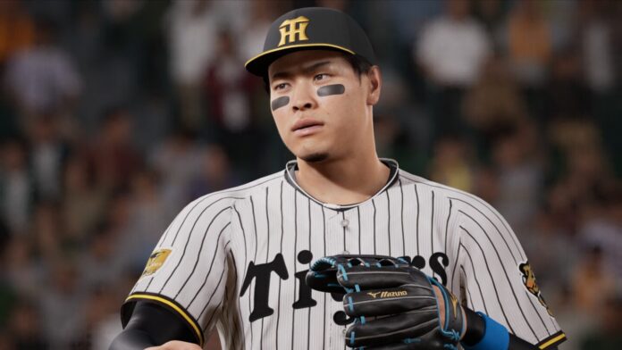 นักเบสบอลจากเกม eBaseball: PRO SPIRIT 2026 สวมชุดลายทางสีขาวดำ