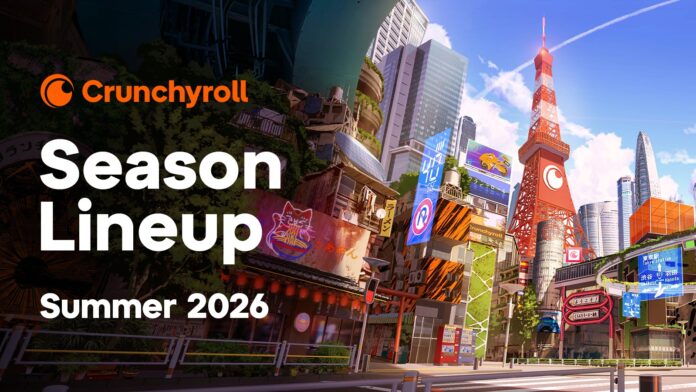 ภาพโปรโมต Crunchyroll Season Lineup Summer 2026 พร้อมฉากเมืองญี่ปุ่นและ Tokyo Tower ในสไตล์อนิเมะ
