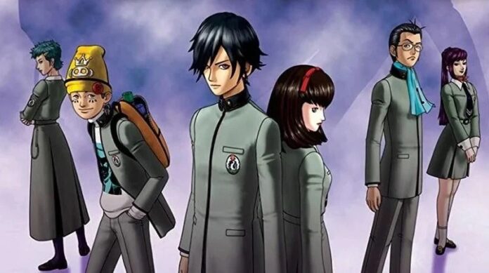 ตัวละครจากเกม Persona ยืนเรียงกัน บนพื้นหลังโทนเข้ม